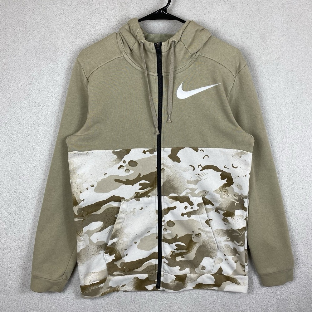 Nike Dri-Fit French Terry Full Zip Jacket Mens M Beige Camo CU6048-342 READ